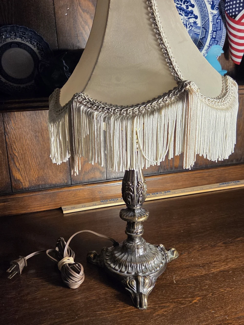 Vintage Cream Fringe Table Lamp with Ornate Brass Base